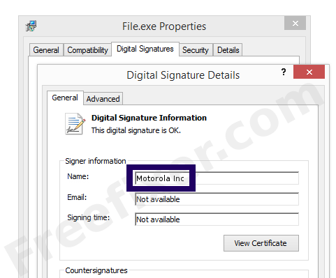 Screenshot of the Motorola Inc certificate